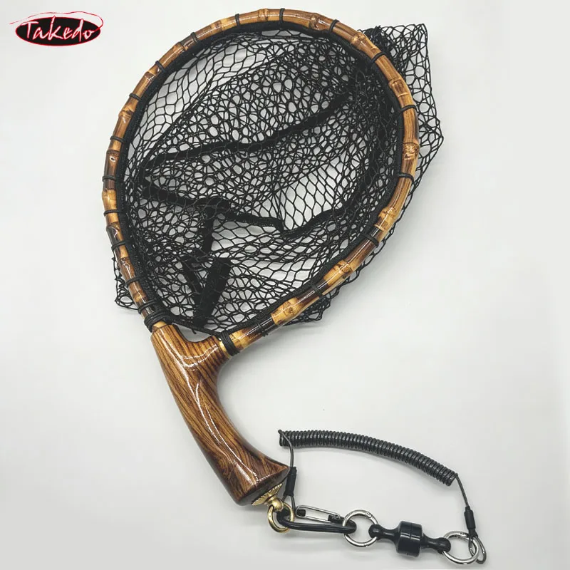 TAKEDO Handcrafted Oak Wood Handle Lightweight Trout Landing Net Fly Fishing Net Catch-and-Release for Mackerel Bass Trout