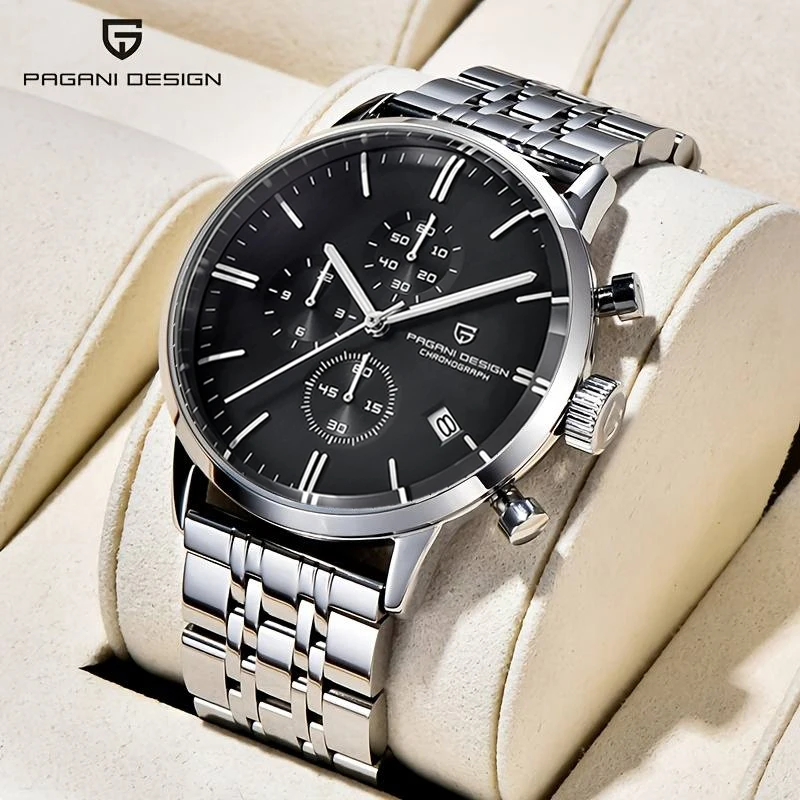 PAGANI DESIGN موضة رجال الأعمال الفولاذ المقاوم للصدأ ساعة كوارتز مقاوم للماء متعددة الوظائف ليلة ضوء ساعة Reloj + صندوق هدية
