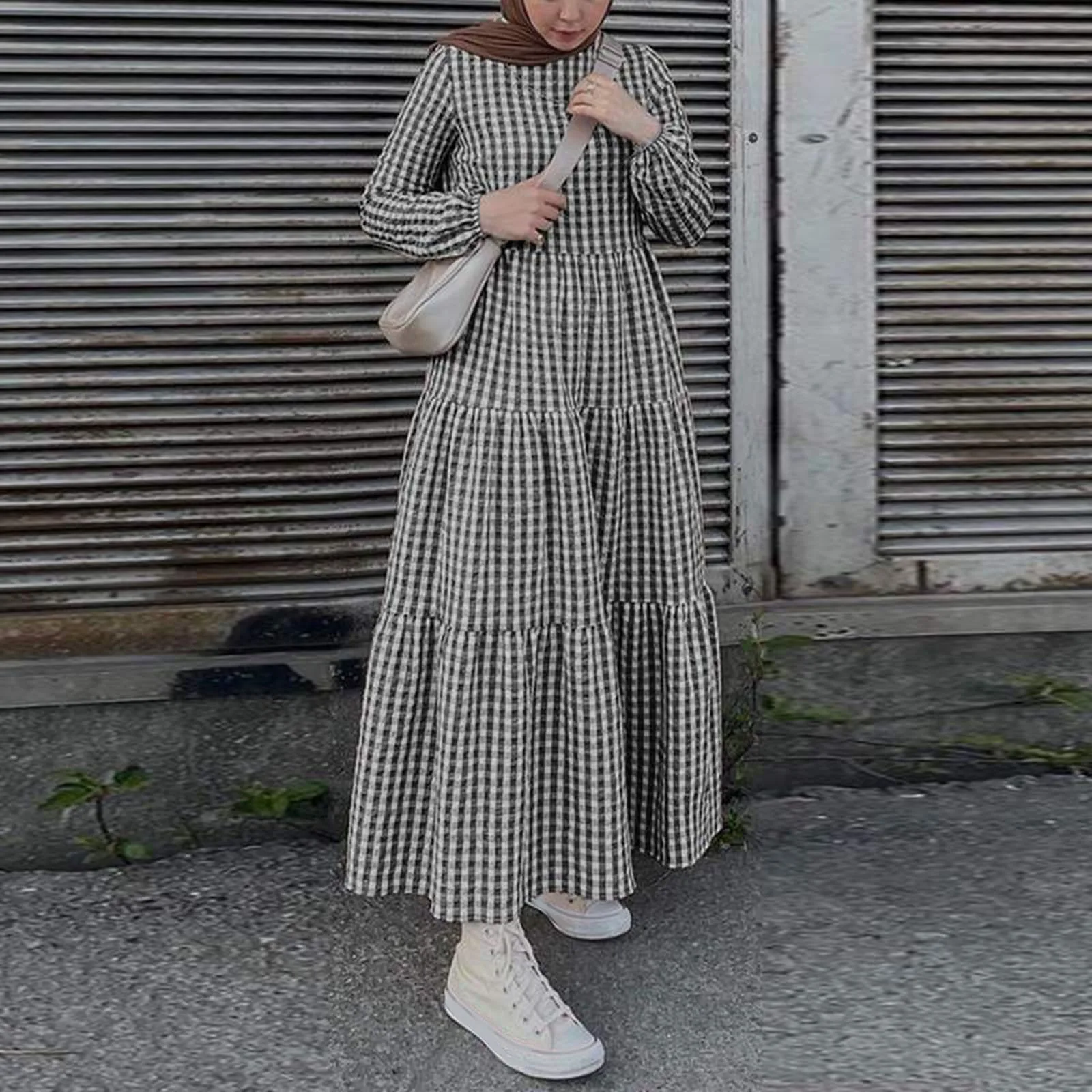 Women's Muslim Dress Round Neck Plaid Pullover Long Sleeve Muslim Loose Dress With Belt Casual Dubai Turkey Hijab Clothes Robes