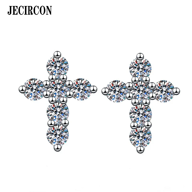 

JECIRCON S925 Sterling Silver Moissanite Simple Korean Style Earrings Classic Fashion Cross D Color Full Diamond Exquisite Studs