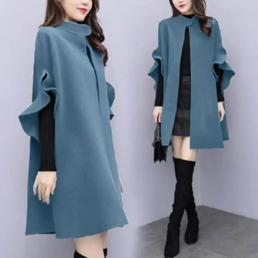 Women Winter Coat Ruffle Formal Elegant Big Hem Midi Length Long Sleeves Cardigan Stand Collar Lady Cloak Coat for Dating