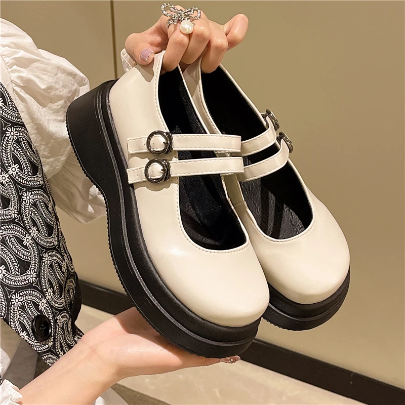 

British Style Small Leather Shoes Women's Spring and Autumn 2023 New Thick-soled All-match Muffin Buckle High-heeled Shoes Women