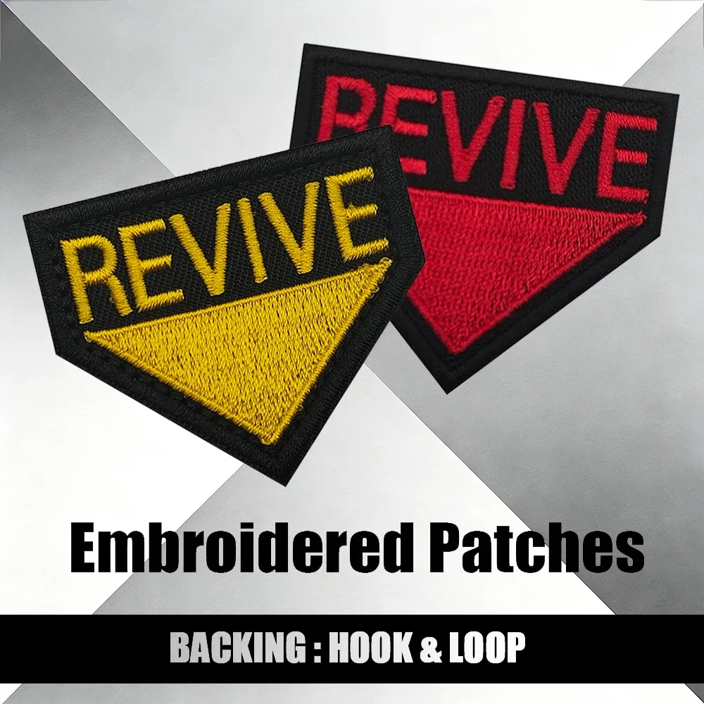 

Вышитая нашивка "REVIVE" - черная основа с желто-красной стрелкой - тактические нашивки для снаряжения и одежды