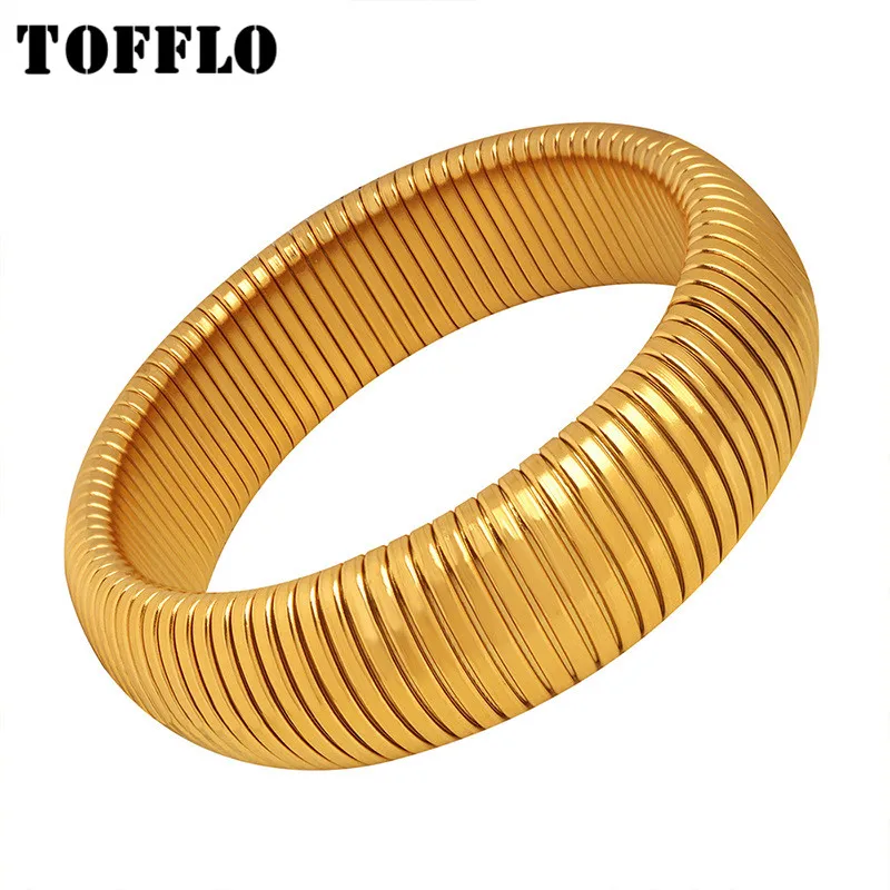 

TOFFLO Stainless Steel Jewels Line Striped Wide Bracelet Women's Hip Hop Exaggerated Bracelet BSZ013