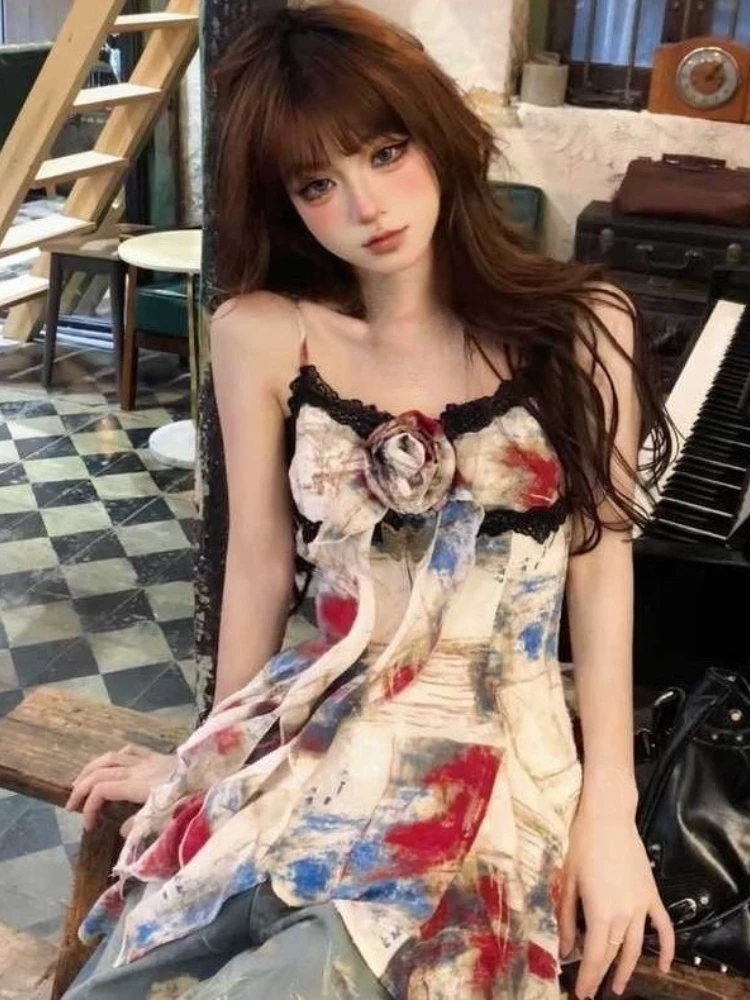 

Summer Sexy Slim Print Floral Camis French Elegant Vintage Sleeveless Tops Y2k Subculture Sweet 2000s Beach Party Style Tanks