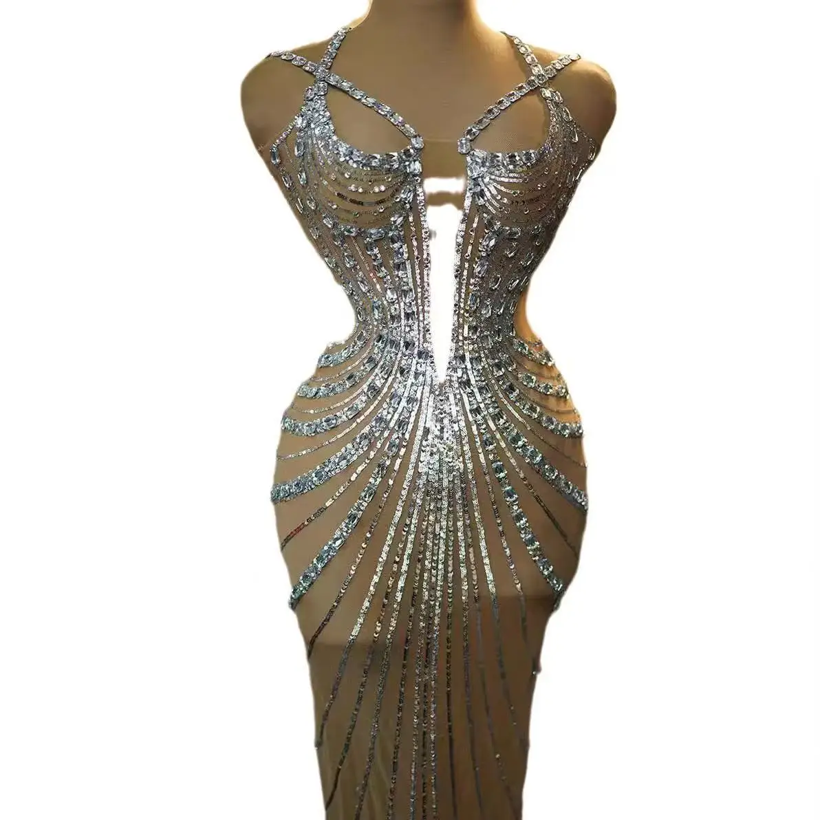 

Women Sexy Sleeveless Mesh Stretch Evening Party Prom Gown Vestido Sparkly Crystal Diamonds See Through Feather Long Dress