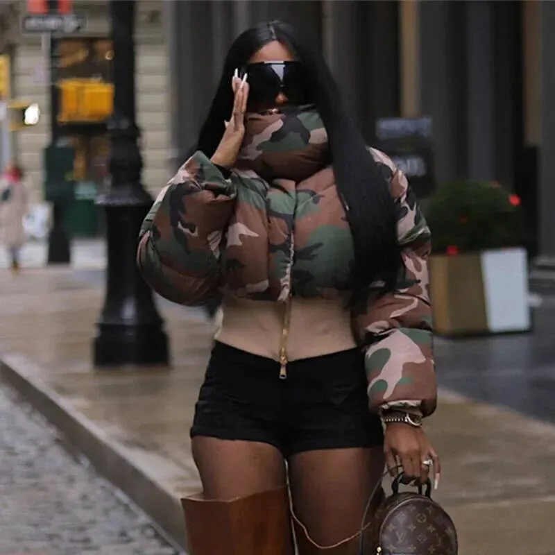 

2025 New Winter Women Full Sleeve Camouflage Print Thick Warm Parkas Puffer Jackets Slim High Neck Outwear Cotton Coat Ladies