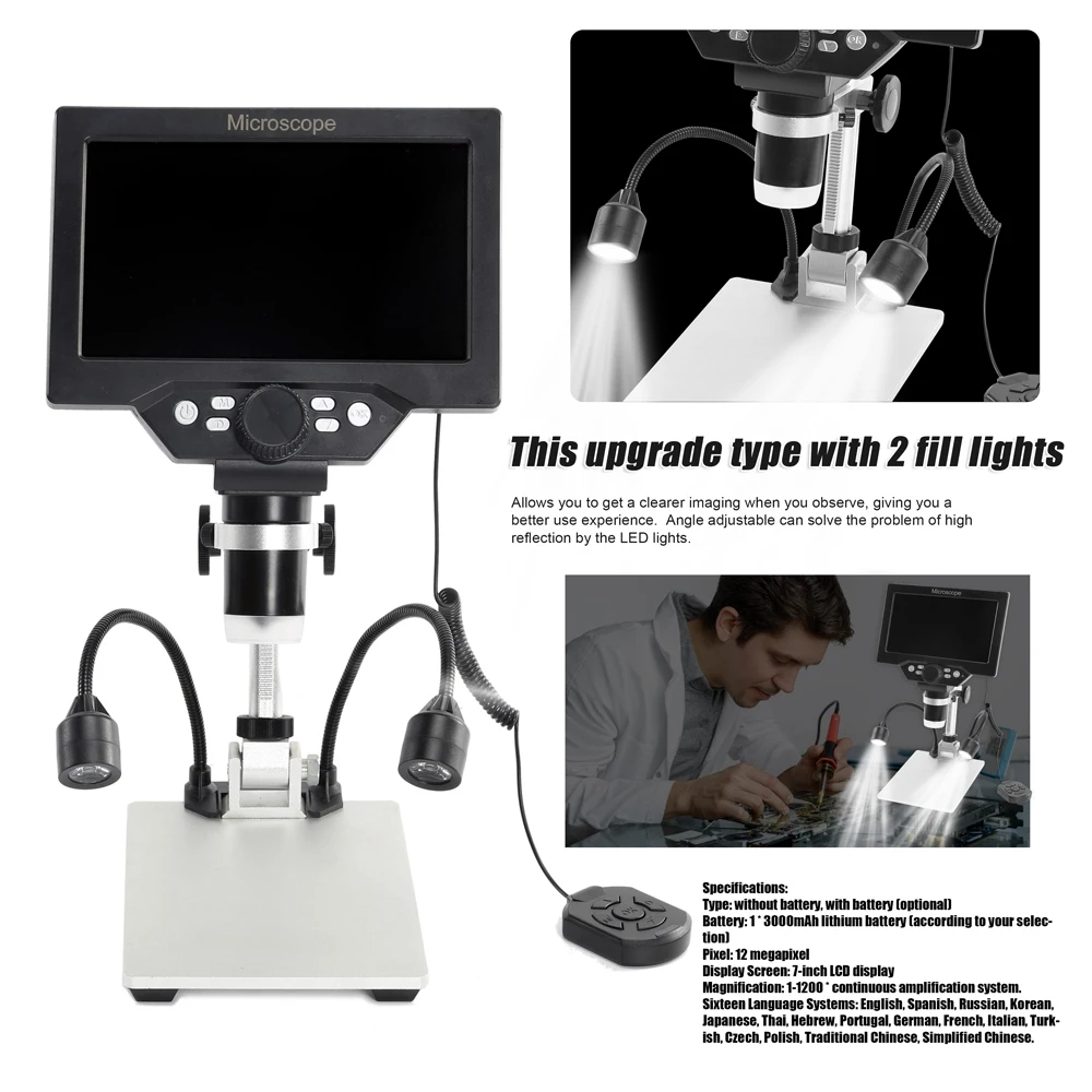 Microscope numérique B1200, 12MP, écran LCD HD 7 pouces, puce Taiwan Lingtong, grossissement 1-1200, support en métal avec 2 auxiliaires