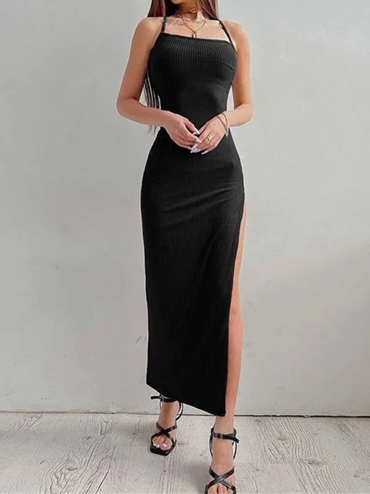 Sexy preto longo bodycon vestido feminino verão sem mangas blackless halter pescoço cinta de espaguete vestidos de alta divisão