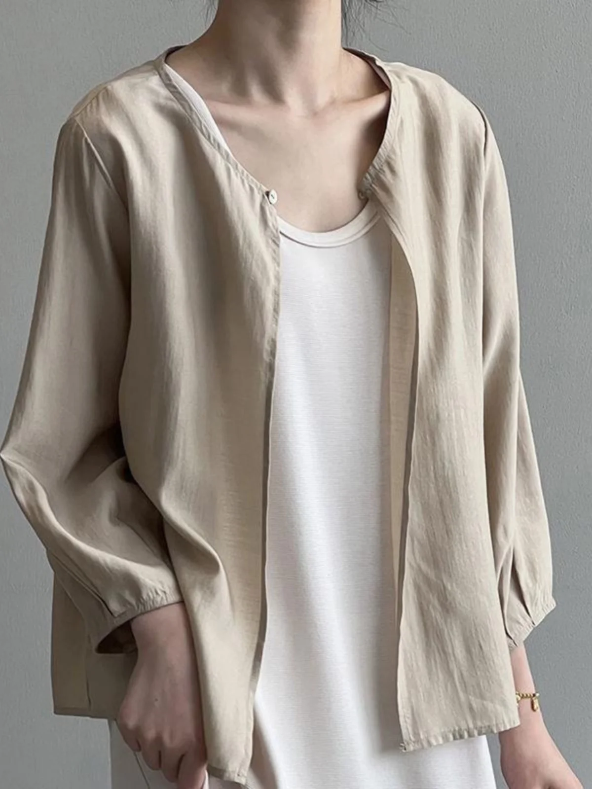 

Loose Fit Sun Protection Shirt Women's Spring Summer Korean Style Thin Seven Sleeve round Neck Open Cardigan Outerwear