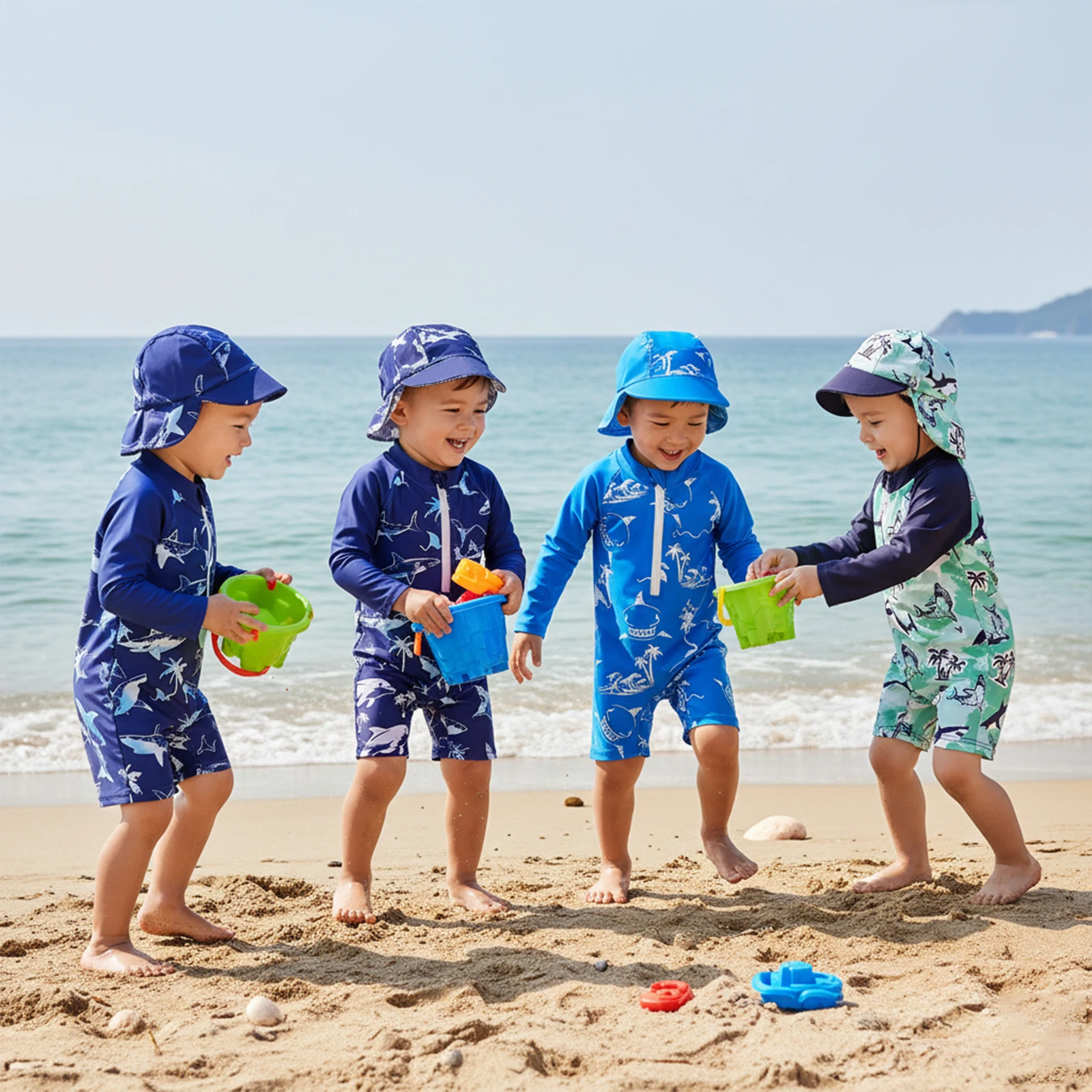 Summer Kids Toddler Baby Boys Rash Guard Swimsuit Cute Print Zipper Long Sleeve Bathing Suit Swim Cap Clothes