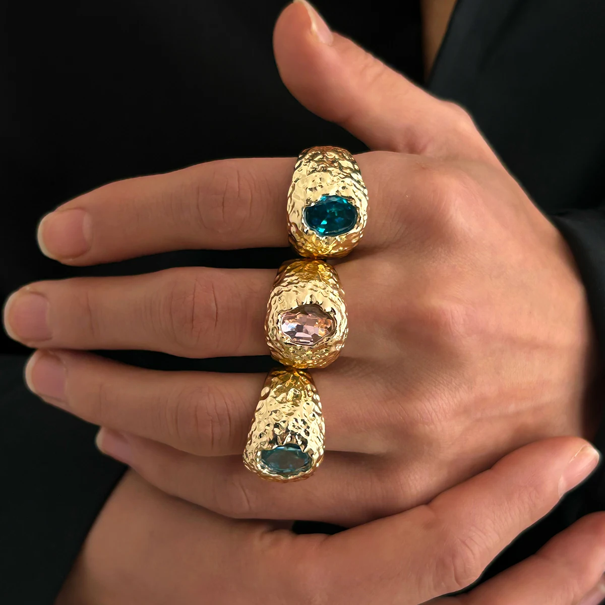 

KunJoe Trendy Inlaid Colorful Rhinestone Adjustable Open Ring for Men Punk Gold Color Chunky Wide Finger Ring Male Jewelry Gift