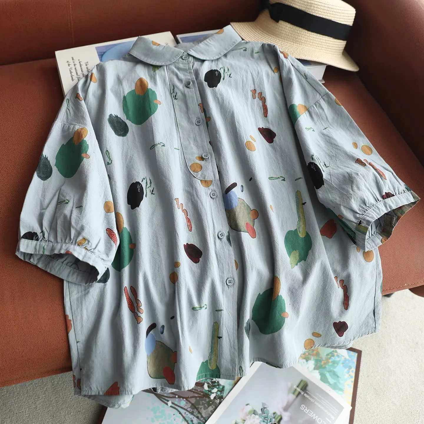 Vintage Fashion In Japan - เสื้อเชิ้ตโอเวอร์ไซส์ลายพิมพ์สีน้ำสไตล์นามธรรมสำหรับผู้หญิง แฟชั่นฮาราจูกุ คอปกปีเตอร์แพน ลายศิลปะวินเทจ เสื้อผ้าฝ้าย