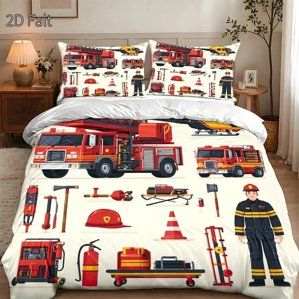 3-Piece Quilt Cover Set, 1 Quilt Cover + 2 Pillowcases (Without Filling) 2D Flat Printing, Firefighter Rescue Theme, Flat Cartoon Style, Firefighter Day, Suitable for All Seasons, Machine Washable, Invisible Zipper, Large Quilt Cover Set, Bedding Set, Skin-Friendly and Breathable, Soft and Comfortable, Does Not Fade or Pill, Home Use