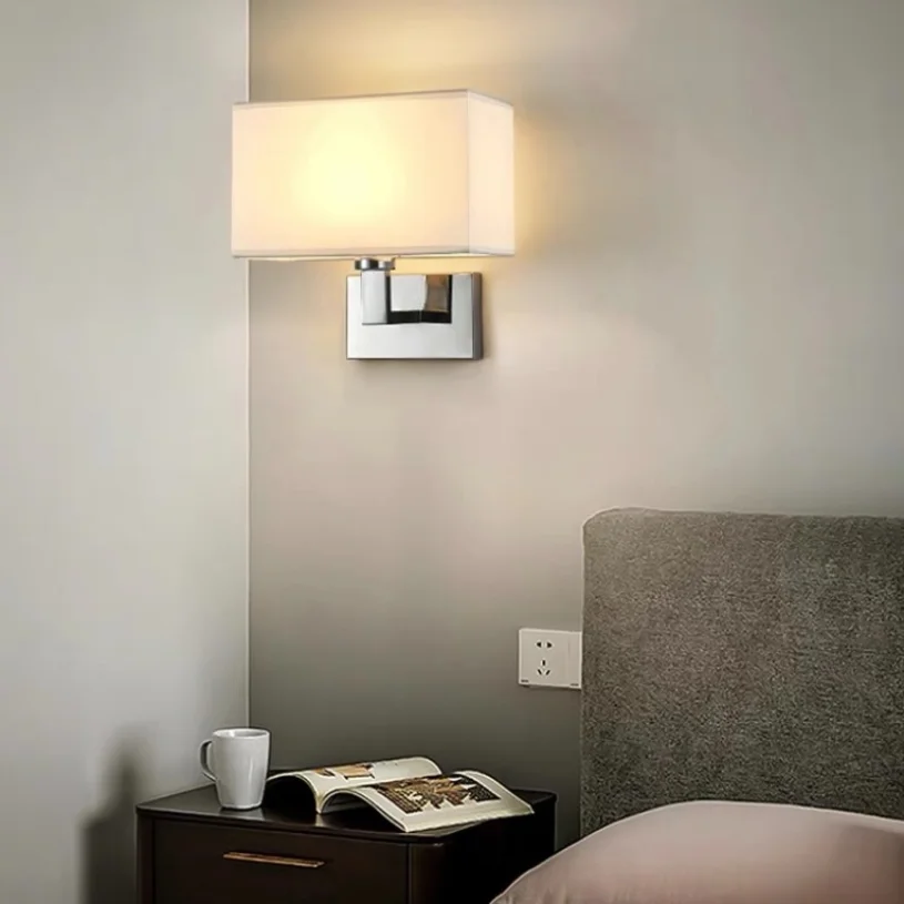 Imagem -03 - Moderno Tecido Lâmpadas de Parede Bedroom Bedside Hotel Sconce Luminárias Reading Night Light Decoração Ajustável Chrome Spotlight