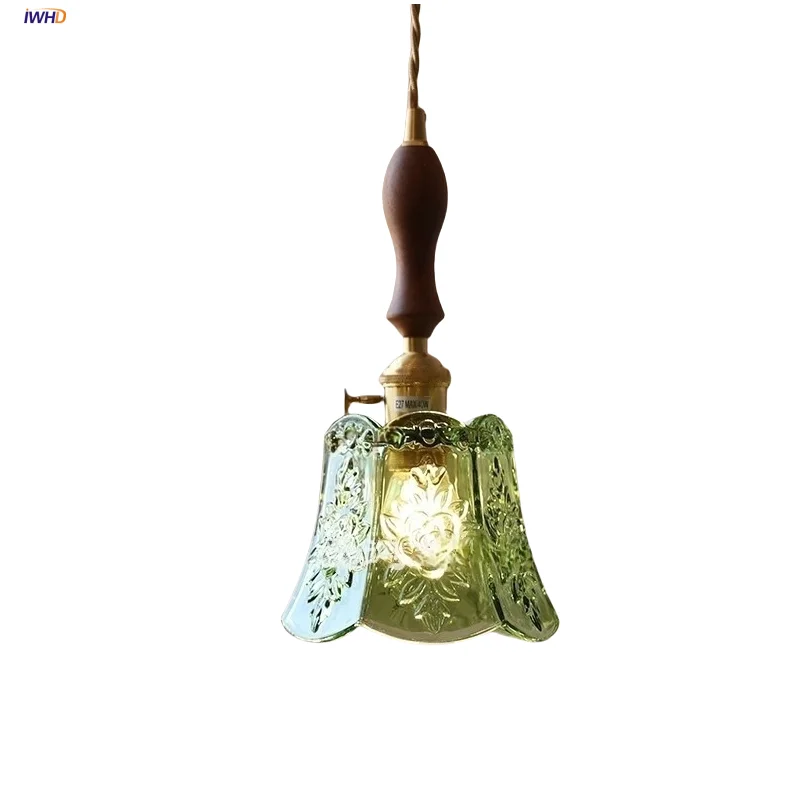 

IWHD Green Glass LED Pendant Lamp Nordic Modern Wood Walnut Living Room Restaurant Bar Brass Knob Switch Hanging Light Fixture