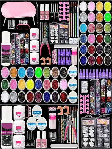 Acrylic Nail Kit with UV Light, Professional Nail Kit Acrylic Set for beginners with Everything 3PC Powder 24PC Glitter Fake Tip
