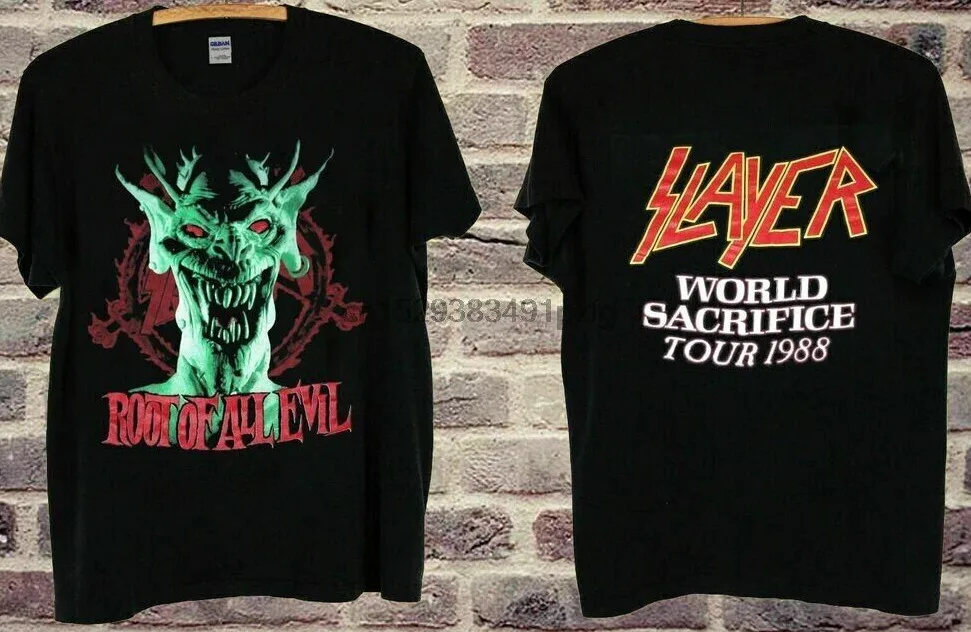 Женская футболка с принтом SLAYERR Root Off Alll Evill WORLDD SACRIFICE Tou, VTG 1988 Женская футболка с принтом SLAYERR Root Off Alll Evill WORLDD SACRIFICE Tou, VTG 1988