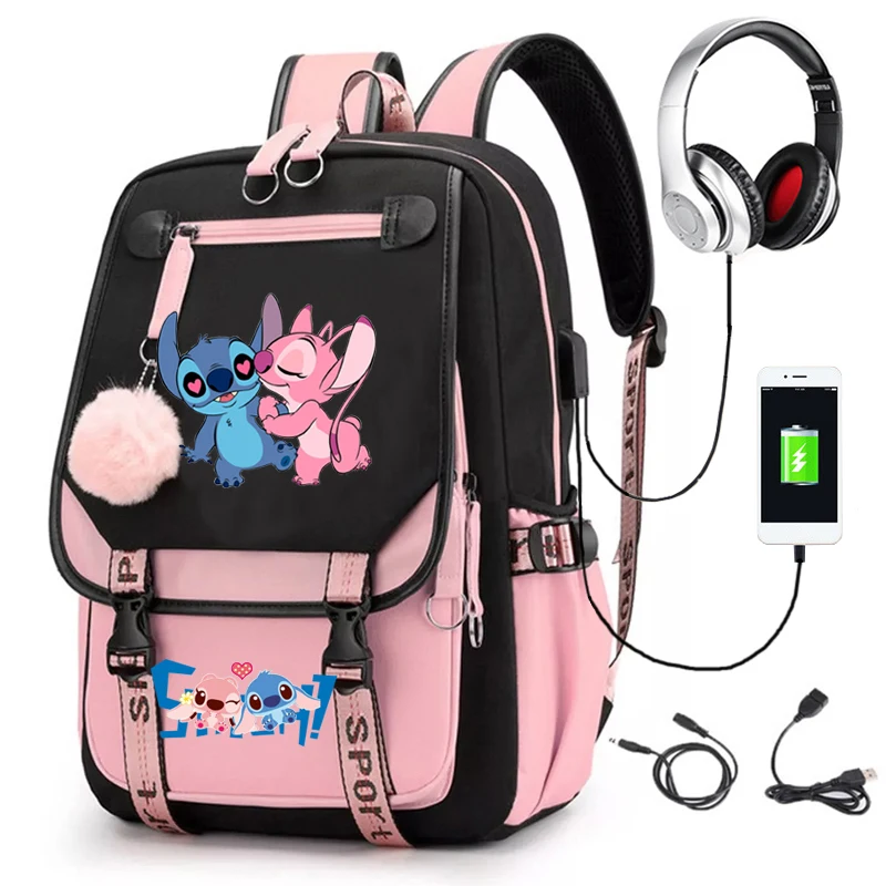 Lilo & Stitch USB Backpacks Multifunction Pocket Patchwork School Bags Big Laptop Mochila Escolar For Teens Boys Girls