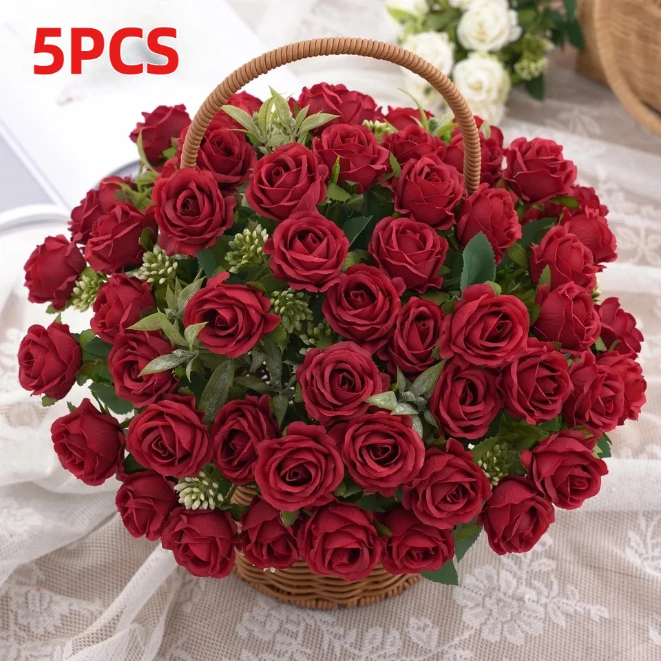 10 Heads Wedding Decoration Peony Fake Flower for Party Home Decor 10 HeadsArtificial Flowers Bouquet Red Rose Eucalyptus Leaves