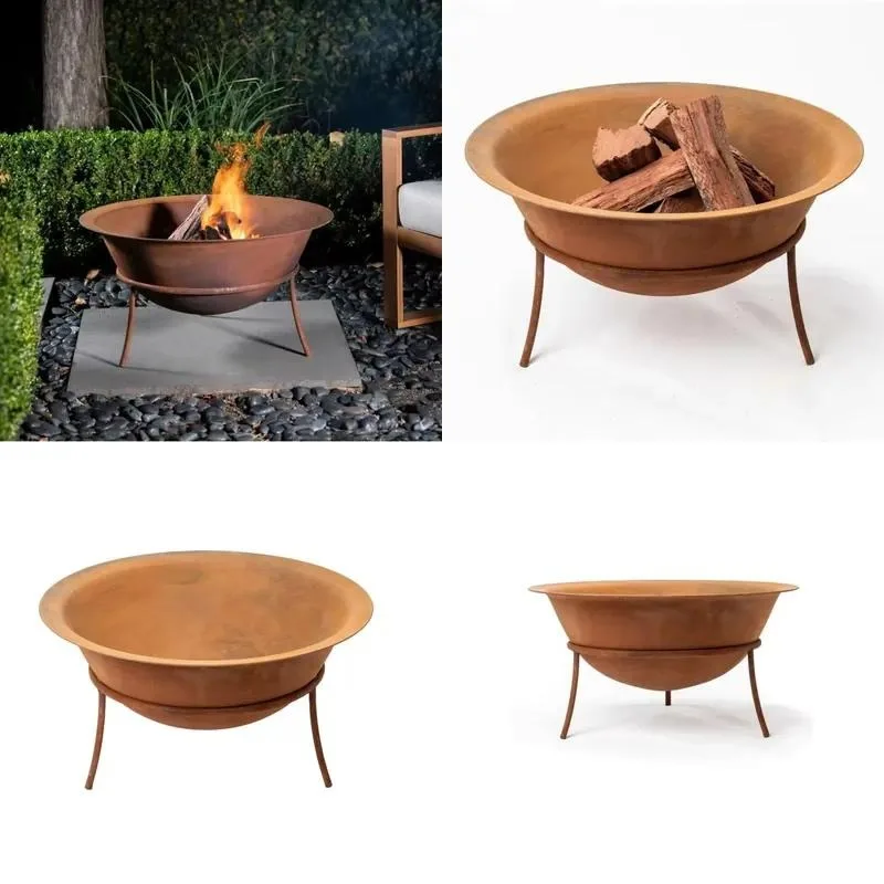 Custom Weathering Steel Brazier With Stand Outdoor Wood Fire Pit Rustic Metal Fireplace For Backyard Garden