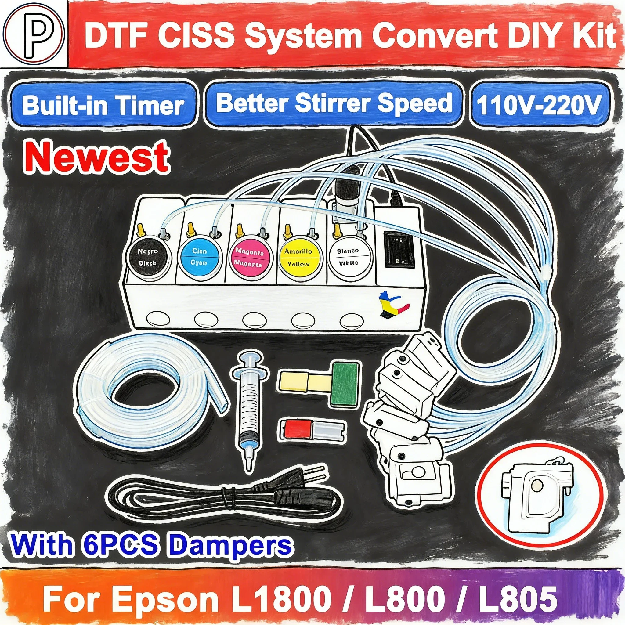 

250ML DTF CISS Ink System With Stirrer & Damper For Epson L800 L805 L1800 White Ink Tank Built-in Timer
