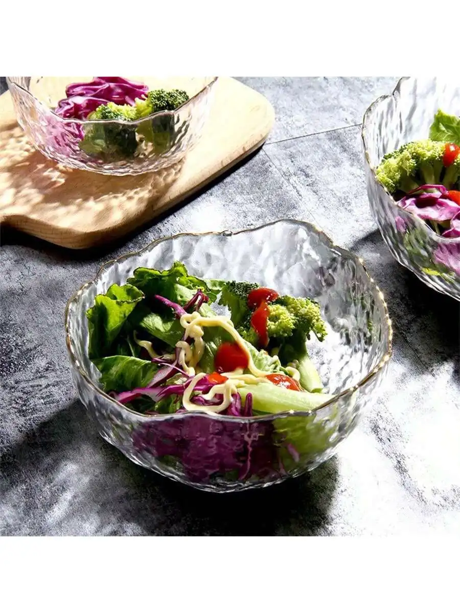 1pc thickened glass salad bowl, light luxury fruit bowl, vegetable salad dessert bowl, cold vegetable instant noodle bowl,