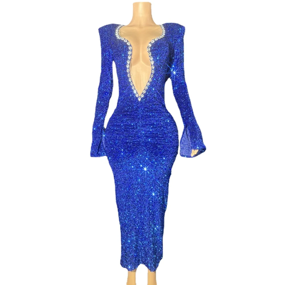 

Sexy Deep V Neck Evening Prom Celebrate Birthday Dress for Women Sparkly Rhinestones Photo Shoot Wear Show Performance Costume