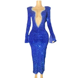 Sexy Deep V Neck Evening Prom Celebrate Birthday Dress for Women Sparkly Rhinestones Photo Shoot Wear Show Performance Costume