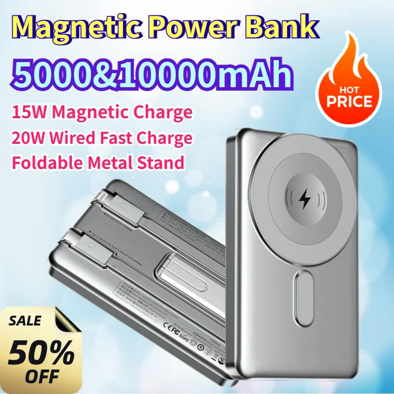 Magnetic Power Bank 10000mAh Wireless Charger 15W  Portable Charger External Battery Built in Cable for For iOS Android