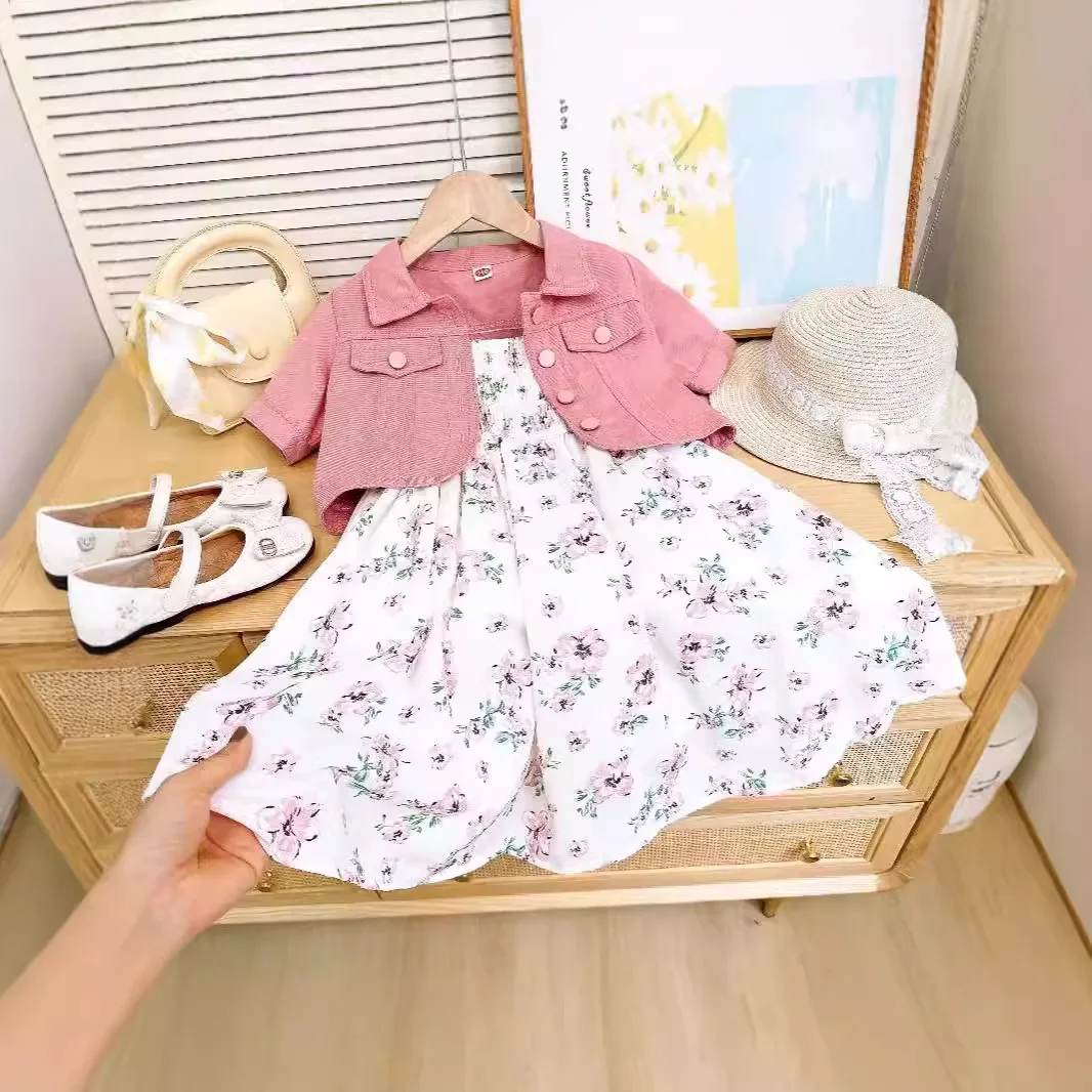 Children's Sets Fashion Pink Jacket Coat Top + Floral Strapless Dress Two-piece Suit Summer Girl  Kids Clothes Girls