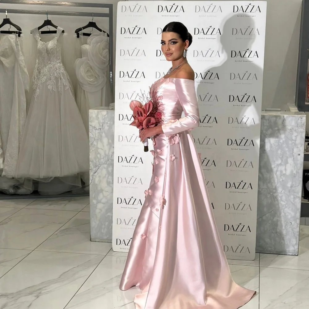 Bella 맞춤형 핑크 아플리케 원 숄더 긴 소매 로브 드 soirée a 라인 이브닝 드레스 긴 소매 웨딩 드레스 2025