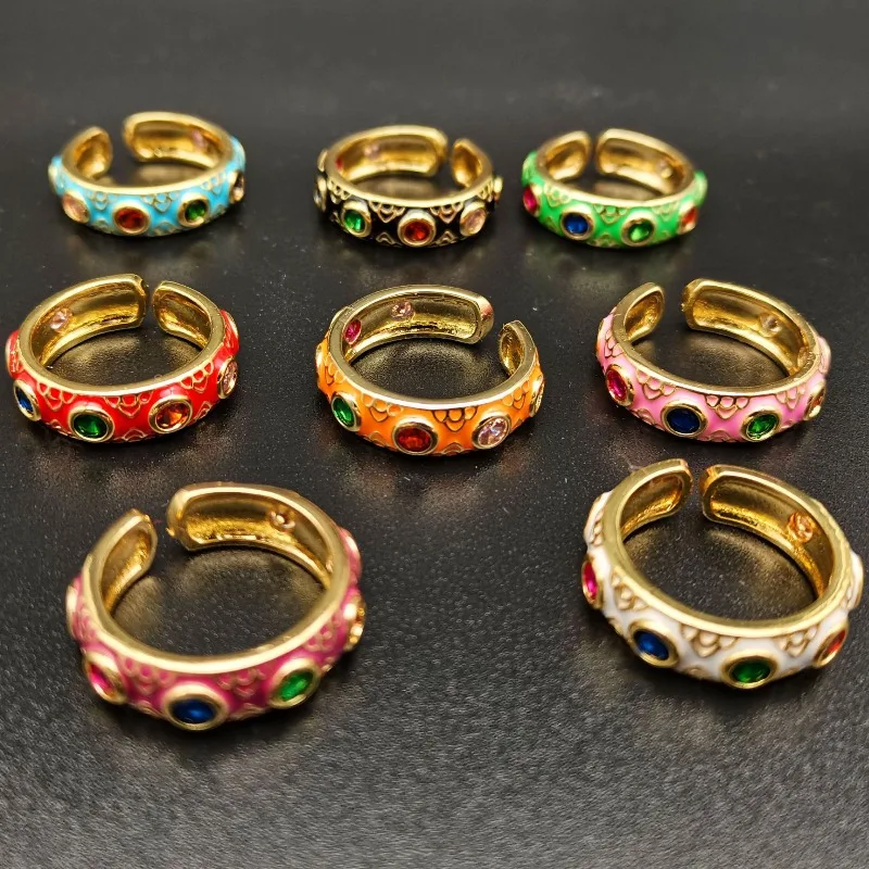 European And American Enamel Ring Light Luxury Colorful Zircon Open Ring Simple Fashion Temperament Hand Jewelry For Women Gift