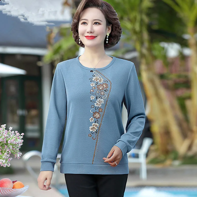 UHYTGF 2022 Spring Autumn T-Shirt Women Long-Sleeved O Neck Casual Top Female Fashion Thin Blouse Elegant Mother Clothes 5XL1696