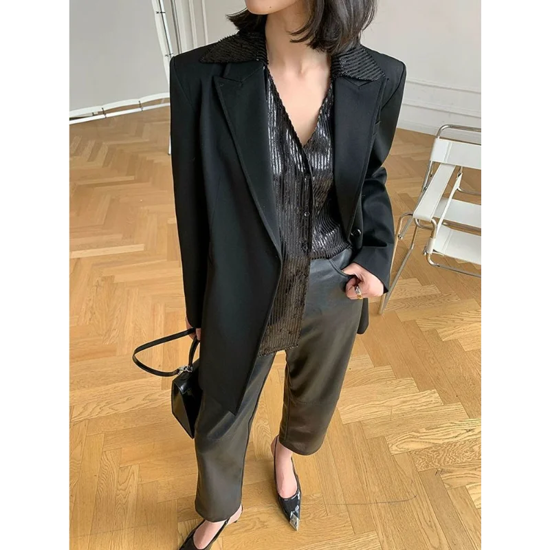 Pantalon en cuir PU noir pour femme, ample et droit, taille haute, décontracté, à neuf points, automne hiver