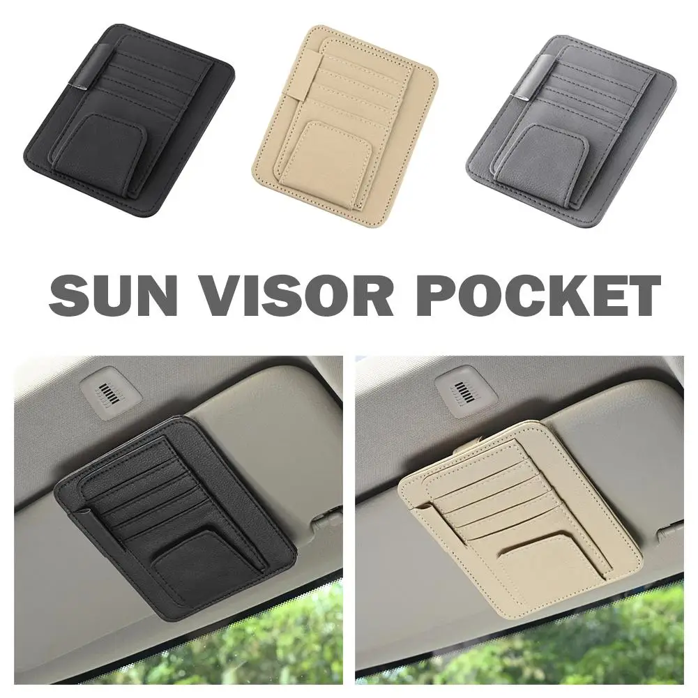 Organizador de visera solar para coche, soporte multibolsillo de cuero para gafas de sol, tarjetero de almacenamiento, Clip para gafas IC, bolsa para sombrilla, almacenamiento para coche