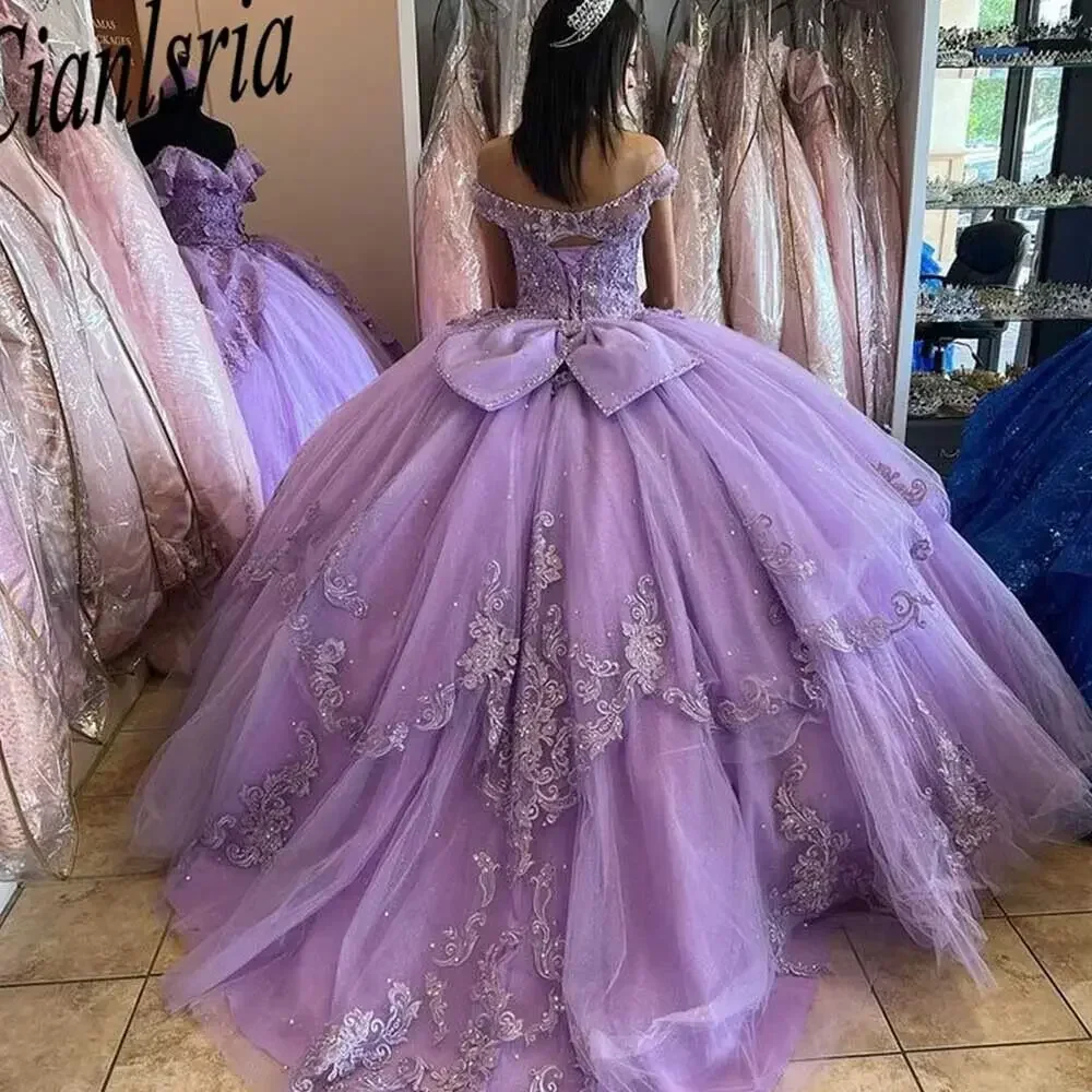 Lilac Quinceanera Dresses Ball Gowns Sweet 15 16 Dress Bow Sequin Appliqued Lace Customized Tulle Graduation Party Gowns