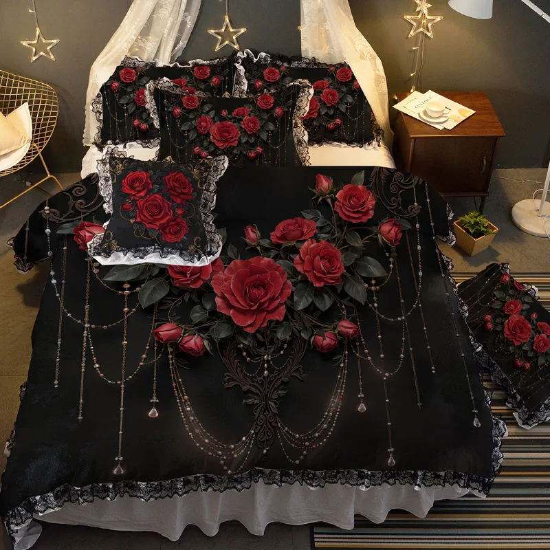 

1PCS Gothic Style Rose Lotus Leaf Lace Washed Cotton Duvet Cover Home Hotel Student Dormitory Single Queen Quilt Cover
