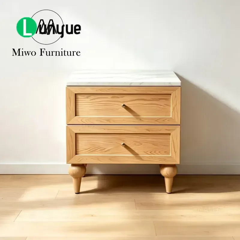 Modern French Style 2 Drawer Bedside Table Wooden Nightstand with White Marble Top Stone Side Table for Bedroom Apartment