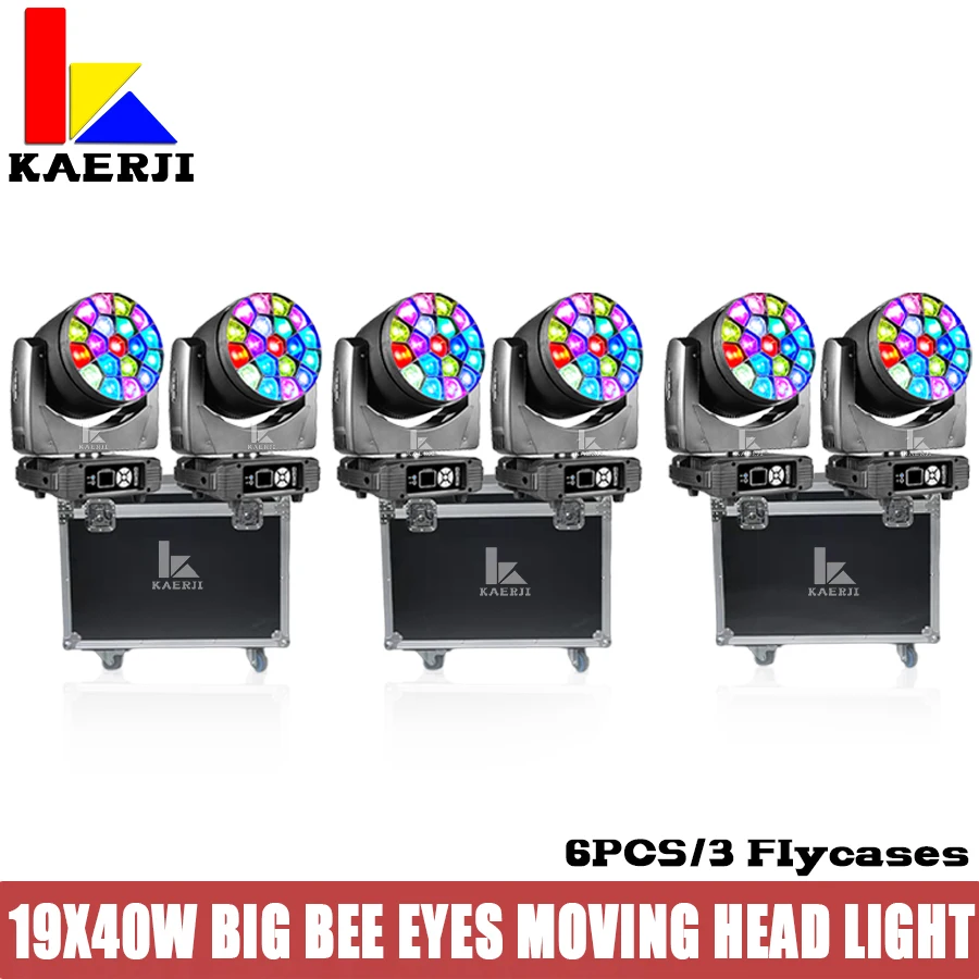 KAERJI 3Pcs Flight Cases 6Pcs LED Beam Wash Big Bees Eyes 19x40W RGBW Zoom Moving Head Lighting With LED Aperture DJ Disco Stage