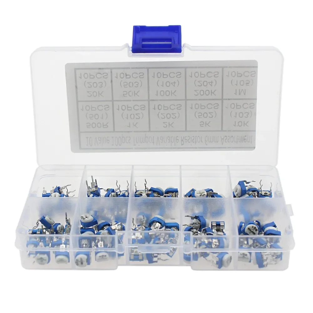 100Pcs/Box Carbon Film Horizontal Trimpot Potentiometer Assortment Kit 10 Values Variable Resistor 500R 1 K 2 K 5K 10K 20 K 50 K