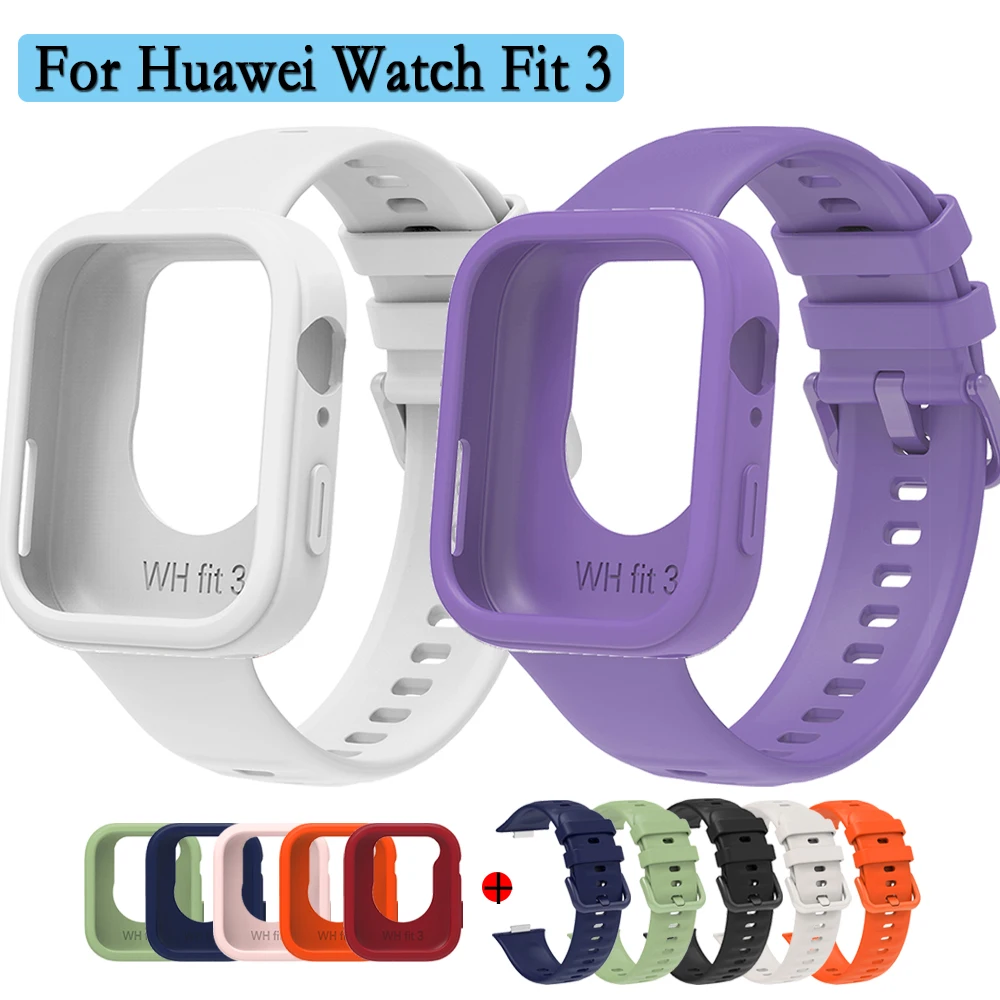 For Huawei Watch Fit 3 Strap Silicone Watchband and Watch Case Replacement Durable and Adjustable Wristband 2-in-1