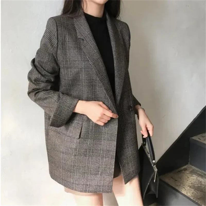 2024 donne inverno Plaid blazer cappotti moda coreana elegante solido giacca spessa femminile doppio petto ufficio signora lungo soprabito