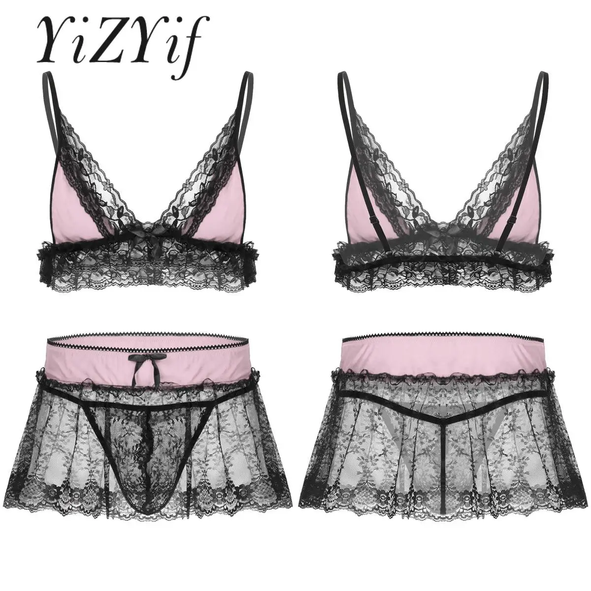 

Men's Sheer Floral Lace Sissy Underwear Bras with Panties Nightwear Sleepwear Pajamas Lingerie Set Crossdressing Cosplay Costume