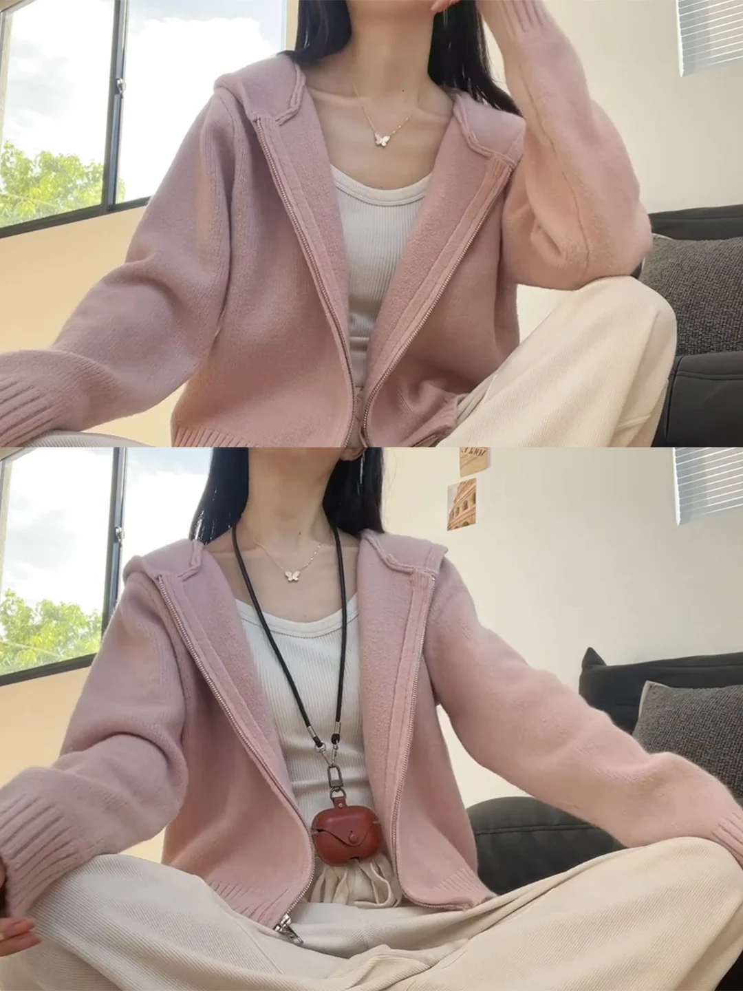 เสื้อสเวตเตอร์ถักมีฮู้ดสีชมพูสำหรับผู้หญิง ฤดูใบไม้ร่วง ฤดูหนาว ทรงหลวม นุ่ม สบาย เสื้อคลุมคาร์ดิแกนแบบมีซิป สไตล์ลำลอง