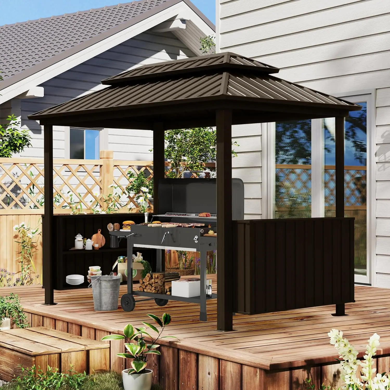 

6x10FT Hardtop Grill Gazebo Metal Galvanized Steel Double Roof 2 Cabinets Hooks Permanent Patio Backyard, Customized