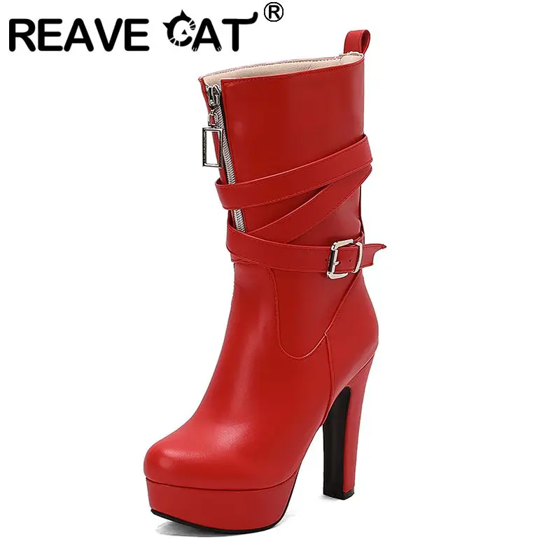 

REAVE CAT Новые модные женские ботинки до середины икры с круглым носком, блочный каблук 12 см, платформа 3,5 см, пряжка на молнии, большие размеры 48 49 50 US18