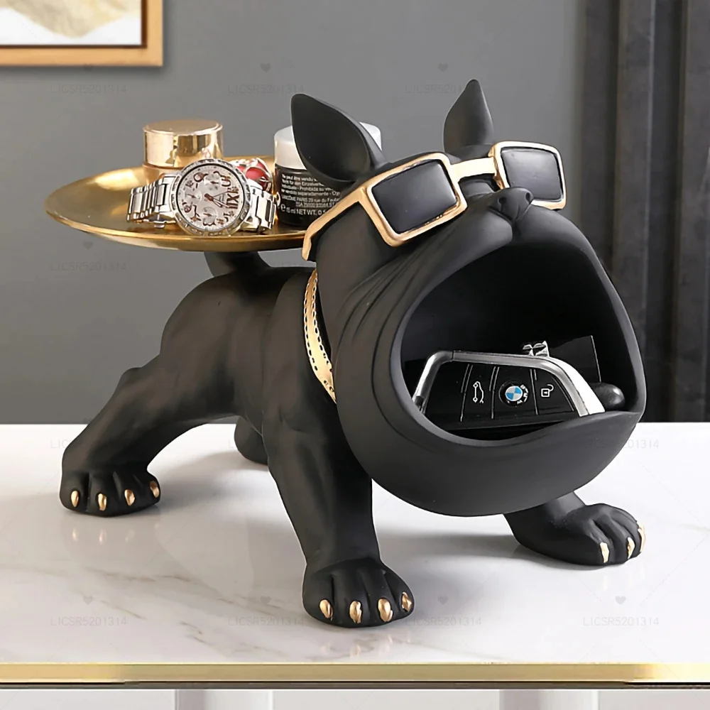 

French Bulldog Ornaments Table Decoration With Metal Tray Resin Dog Figurine Home Interior Accessories Animal Dog Statue Room