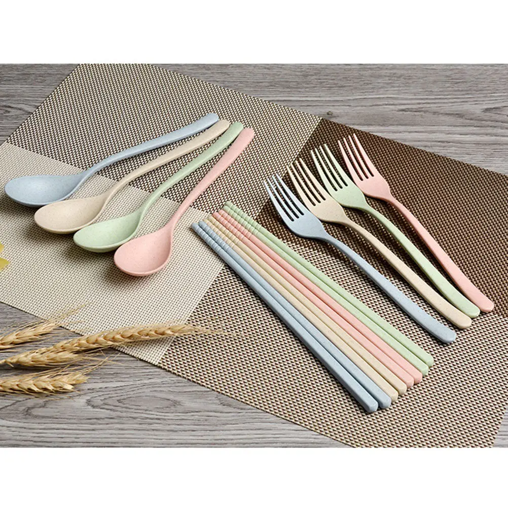 6Pcs Eco-Friendly Wheat Straw Dinnerware Set Unbreakable Children Tableware Safe Biodegradable Plate Bowl Cup Spoon Fork
