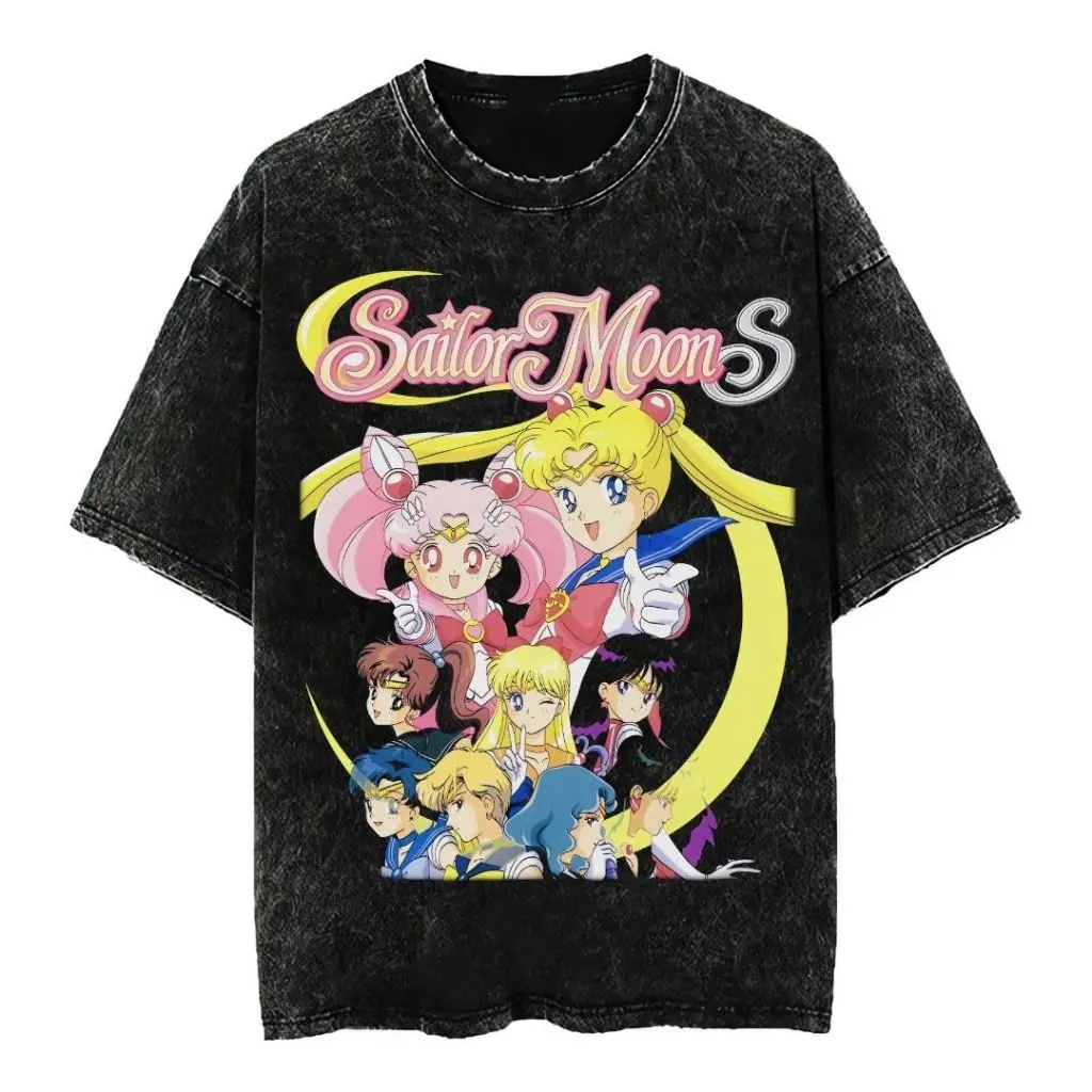2026 Anime Sailor Moon Printed T-shirt Men's and Women's Washed T-shirt High Quality Vintage Cotton T-shirt Harajuku Y2K Tops